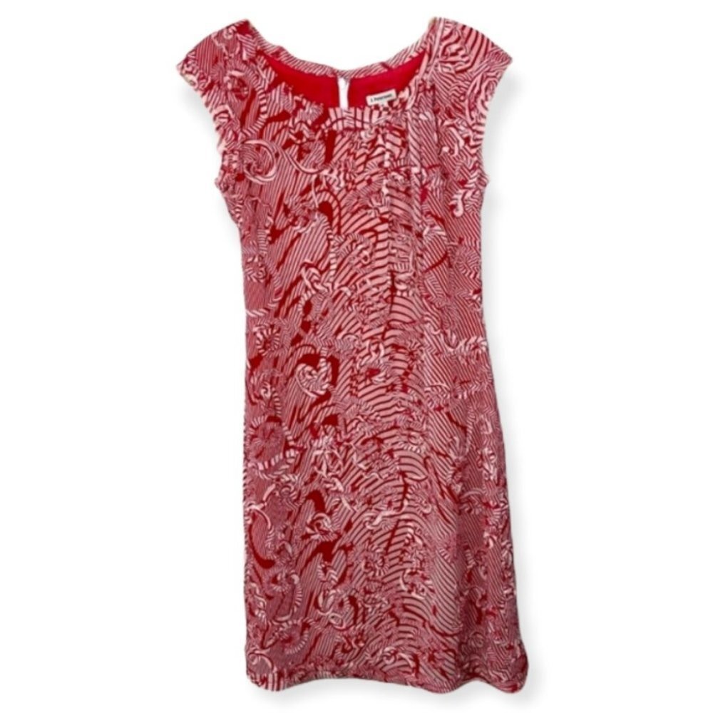 J. Peterman Appliqué‎ Red White Fringe Midi Dress Size 6 Lined Cap Sleeve Party